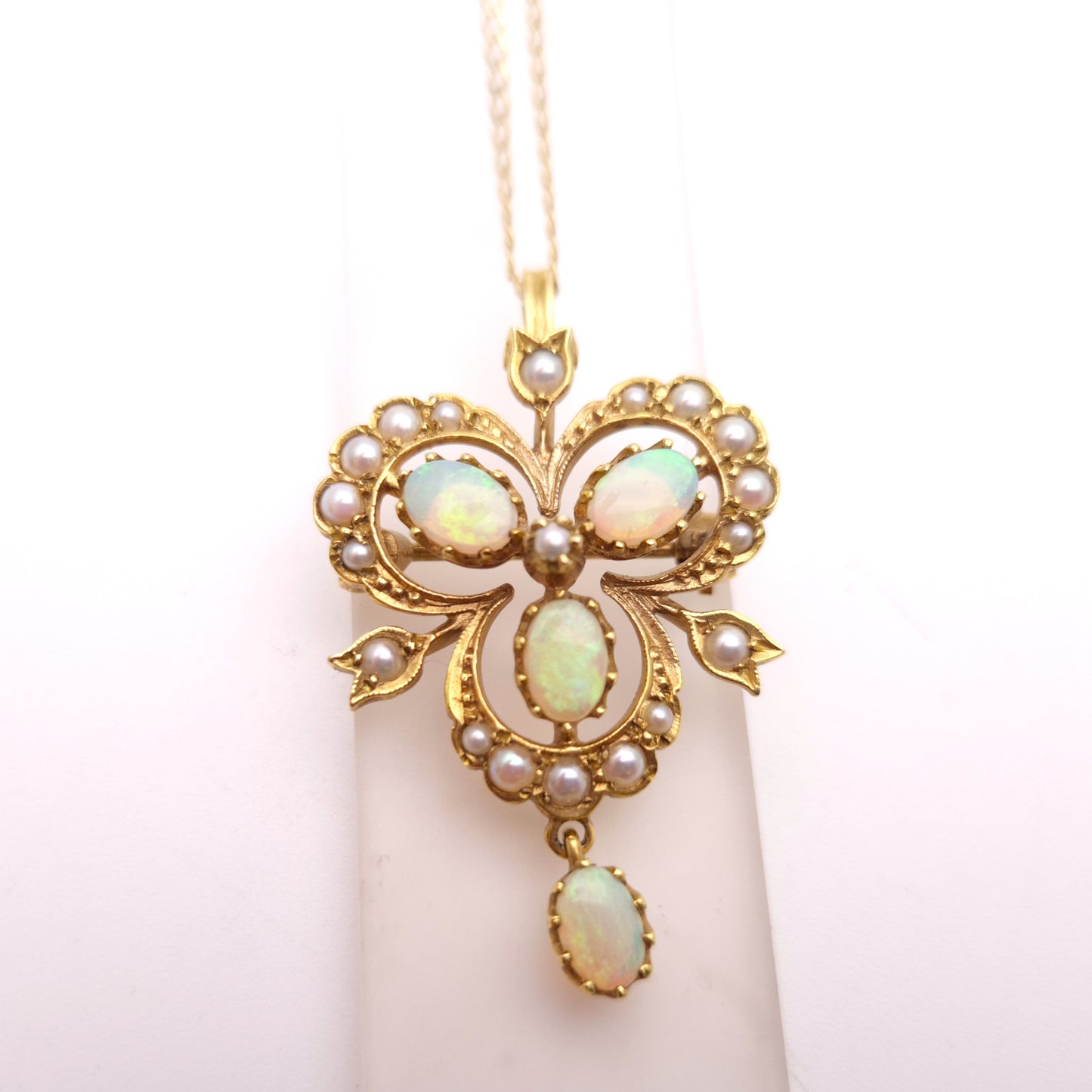 9ct Yellow Gold Opal and Pearl Antique Style Repro Pendant/ Brooch and Chain Necklace