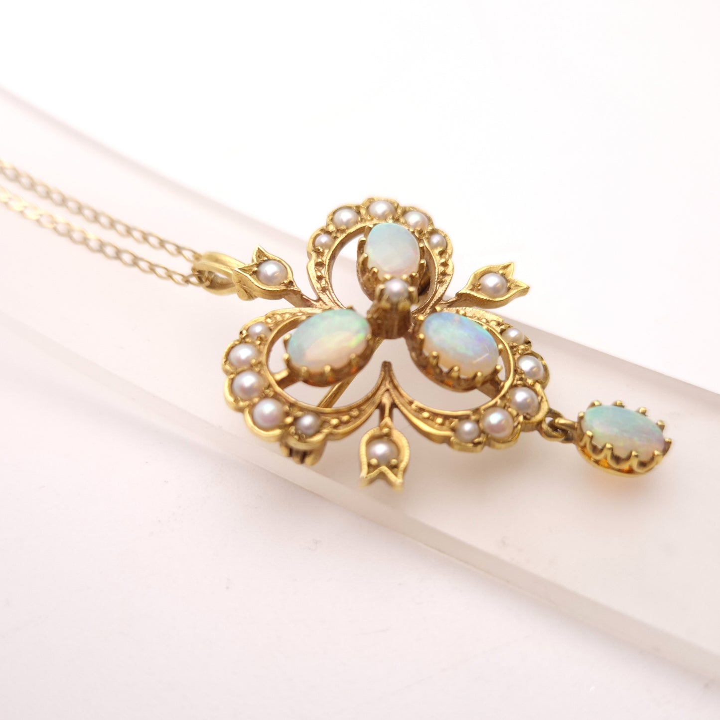9ct Yellow Gold Opal and Pearl Antique Style Repro Pendant/ Brooch and Chain Necklace