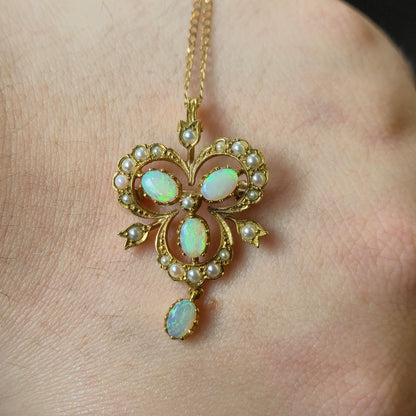 9ct Yellow Gold Opal and Pearl Antique Style Repro Pendant/ Brooch and Chain Necklace
