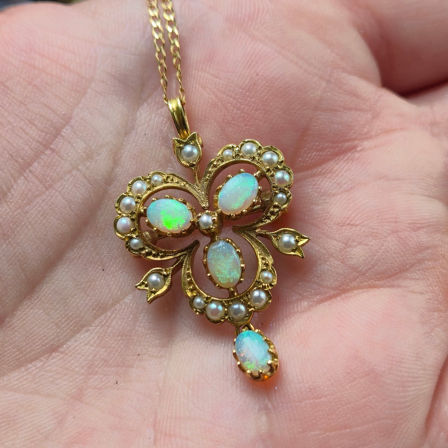 9ct Yellow Gold Opal and Pearl Antique Style Repro Pendant/ Brooch and Chain Necklace