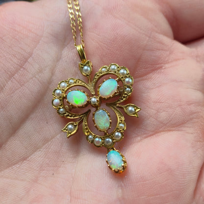 9ct Yellow Gold Opal and Pearl Antique Style Repro Pendant/ Brooch and Chain Necklace
