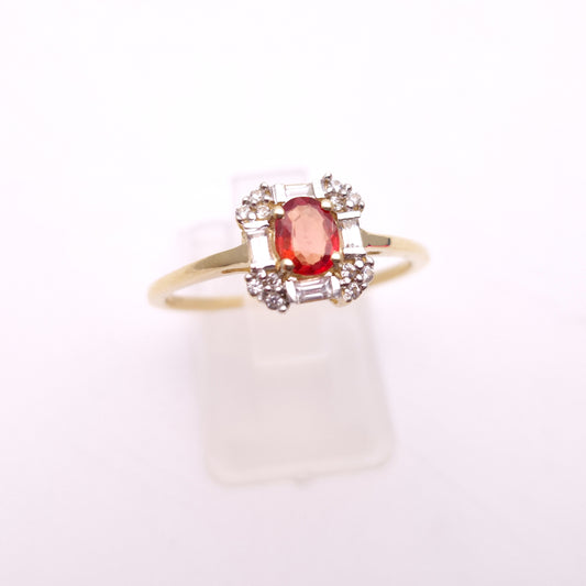 9ct Yellow Gold Orange Sapphire and Diamond Deco Style Cluster Ring