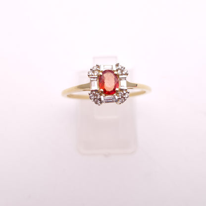 9ct Yellow Gold Orange Sapphire and Diamond Deco Style Cluster Ring
