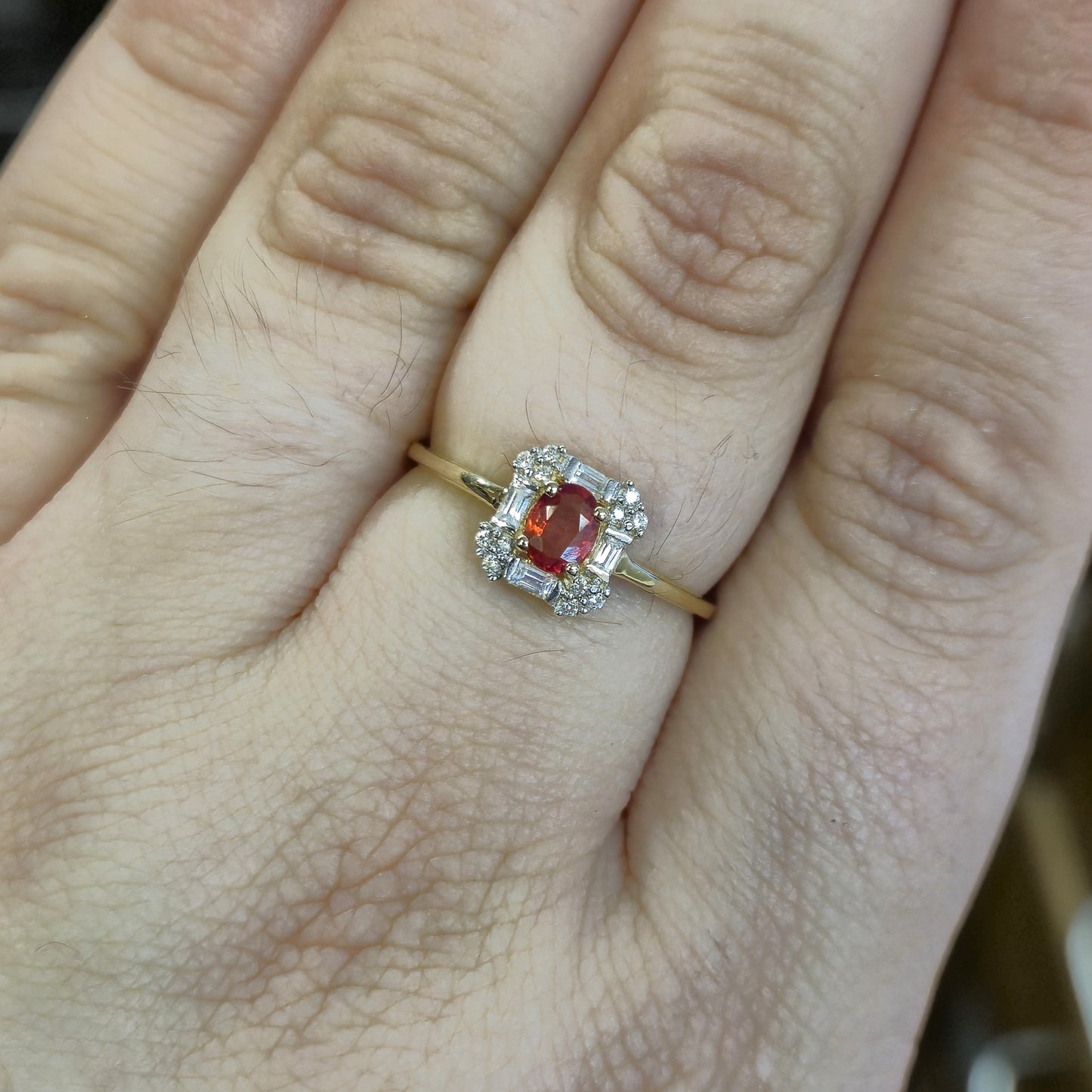 9ct Yellow Gold Orange Sapphire and Diamond Deco Style Cluster Ring