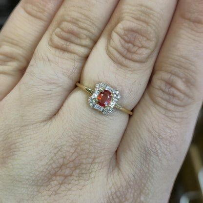 9ct Yellow Gold Orange Sapphire and Diamond Deco Style Cluster Ring