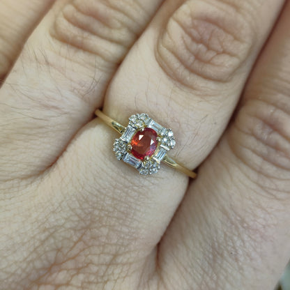 9ct Yellow Gold Orange Sapphire and Diamond Deco Style Cluster Ring