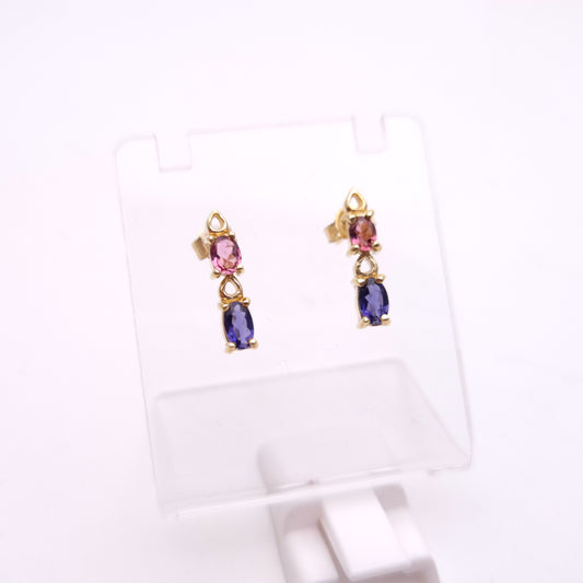 9ct Yellow Gold Pink Sapphire and Tanzanite Stud Earrings