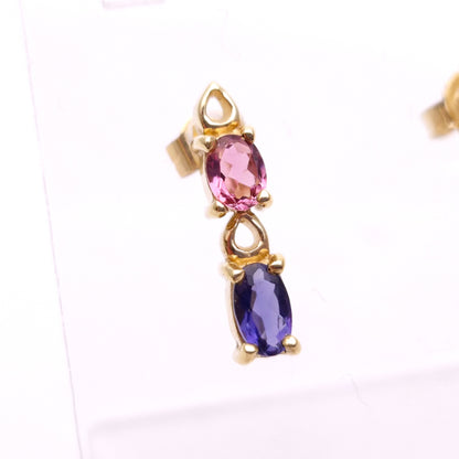 9ct Yellow Gold Pink Sapphire and Tanzanite Stud Earrings