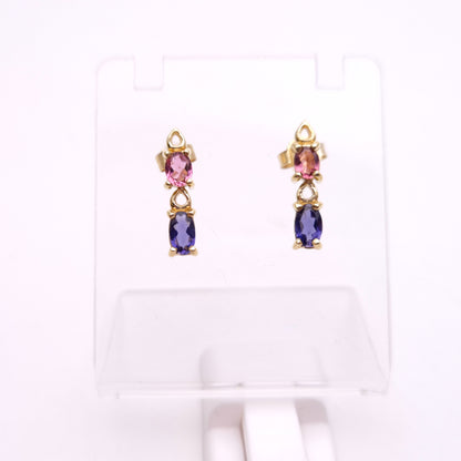 9ct Yellow Gold Pink Sapphire and Tanzanite Stud Earrings