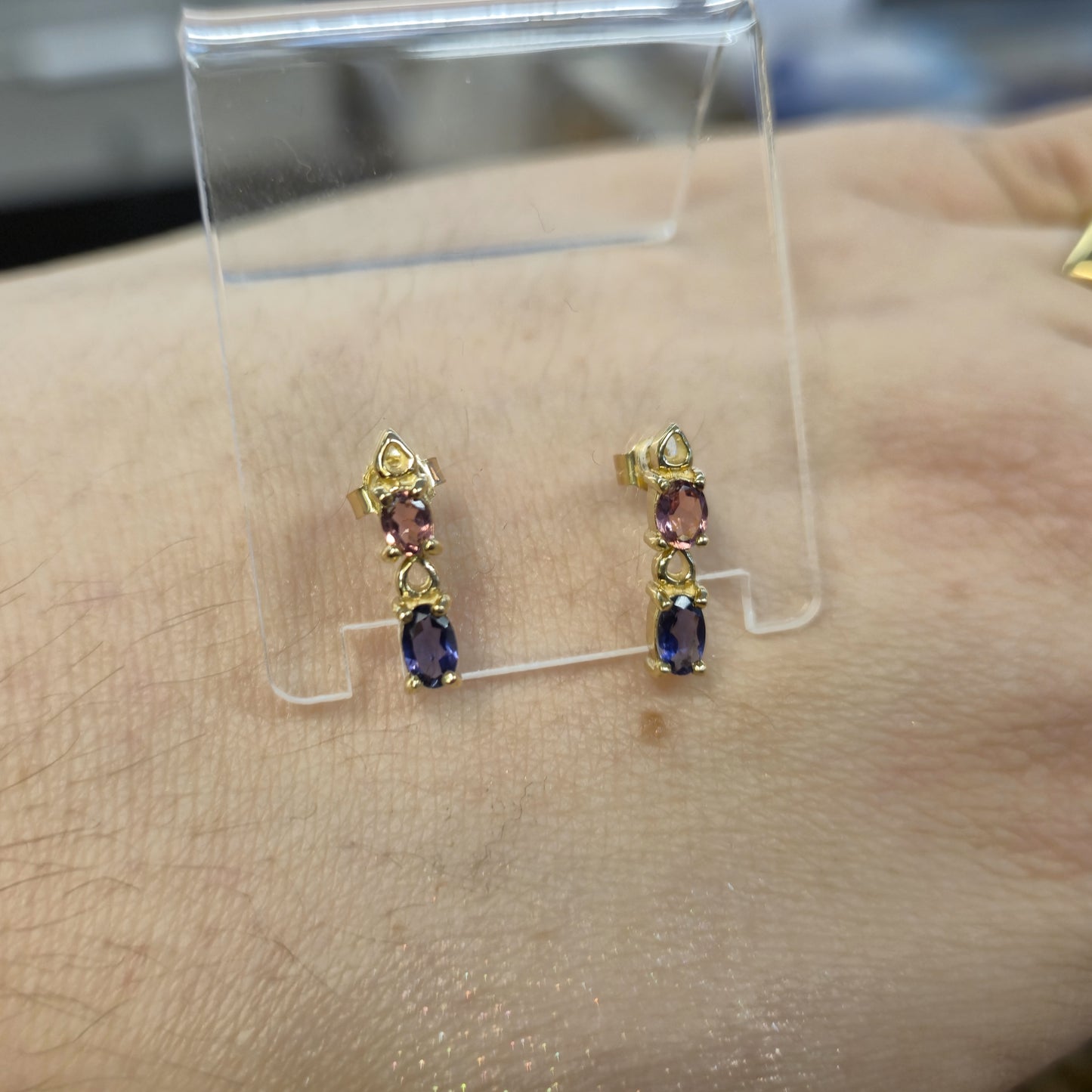 9ct Yellow Gold Pink Sapphire and Tanzanite Stud Earrings