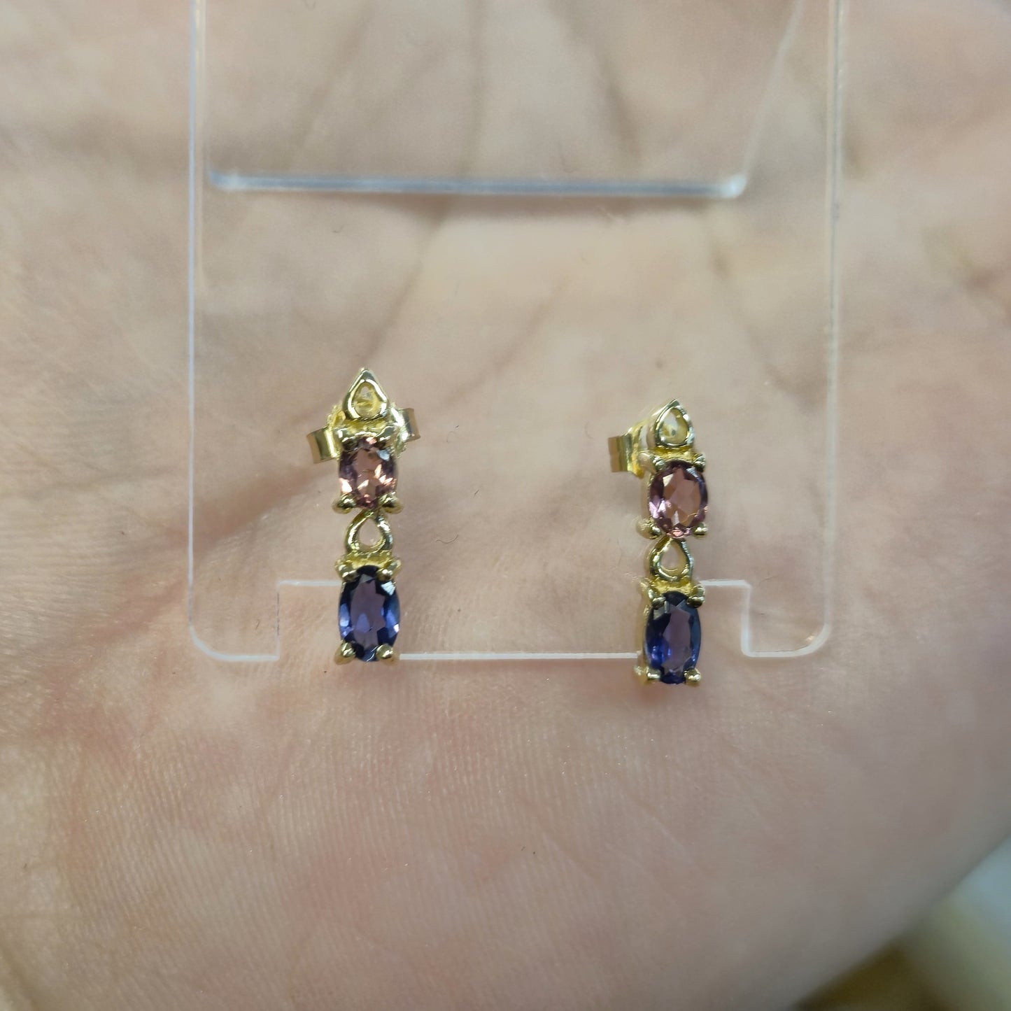 9ct Yellow Gold Pink Sapphire and Tanzanite Stud Earrings