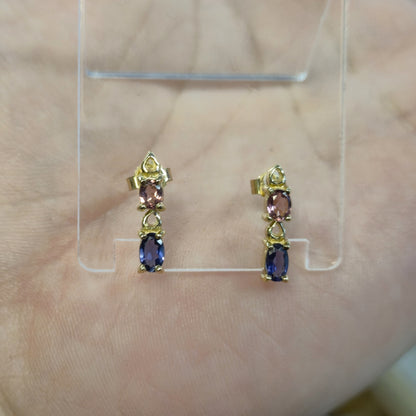 9ct Yellow Gold Pink Sapphire and Tanzanite Stud Earrings