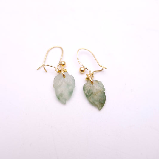 9ct Yellow Gold Carved Leaf Shape Jade Drop Earrings