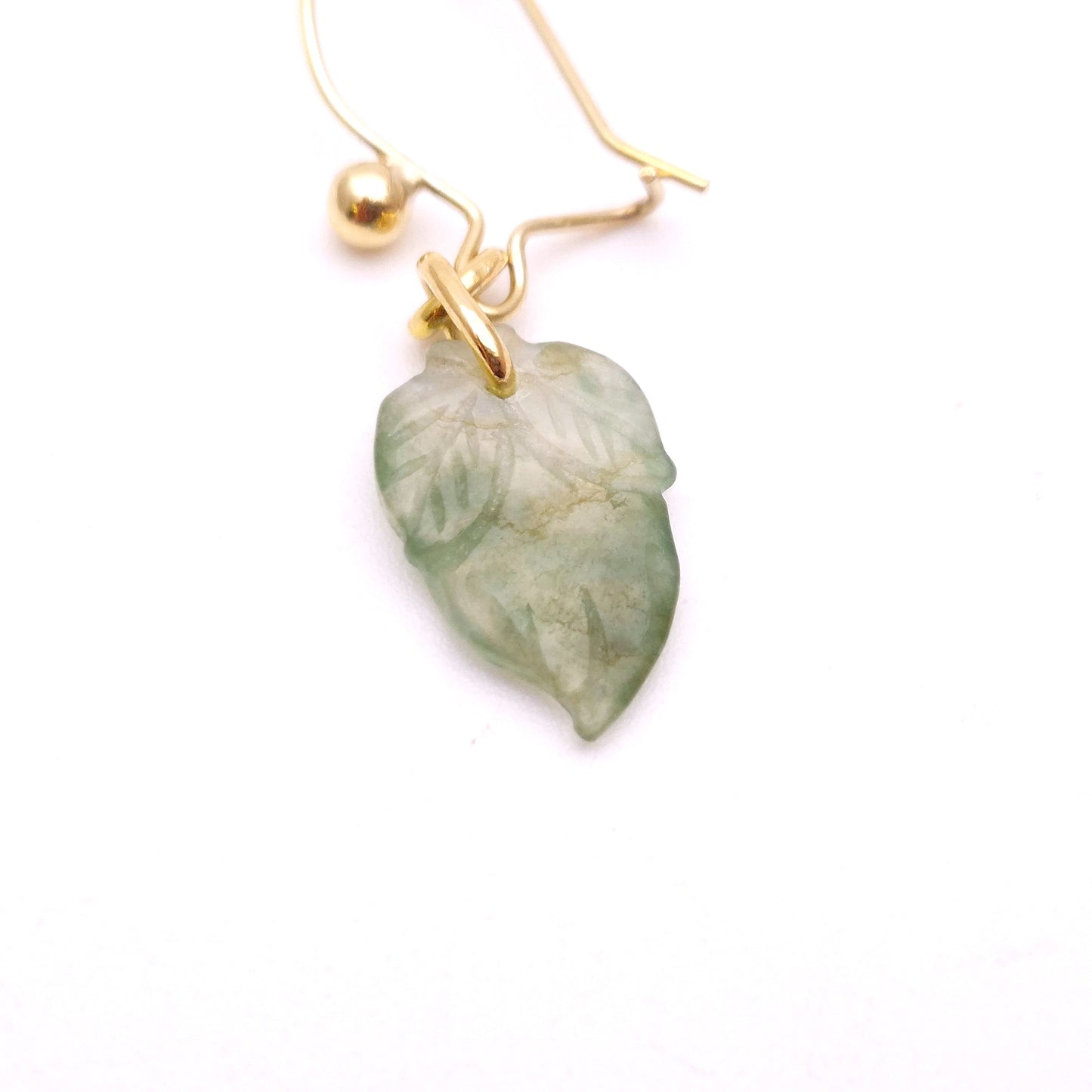 9ct Yellow Gold Carved Leaf Shape Jade Drop Earrings