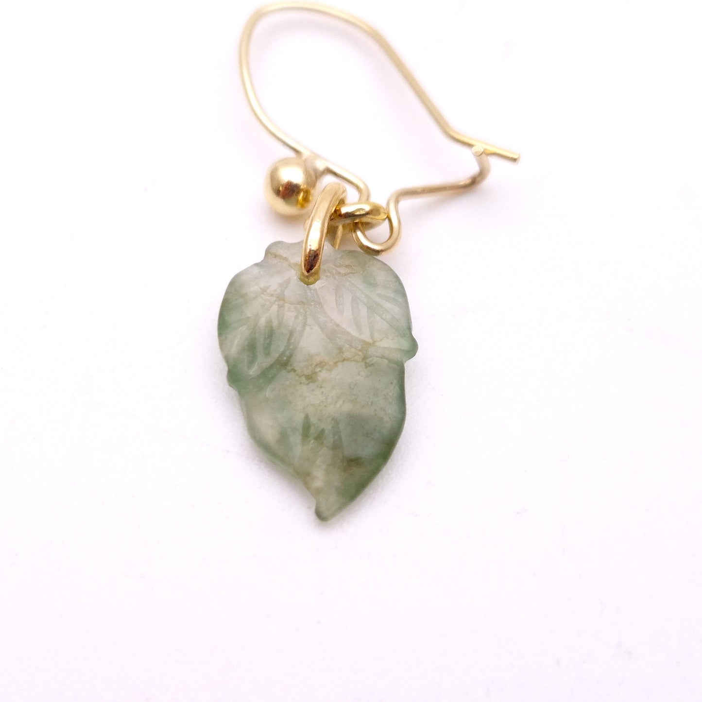 9ct Yellow Gold Carved Leaf Shape Jade Drop Earrings