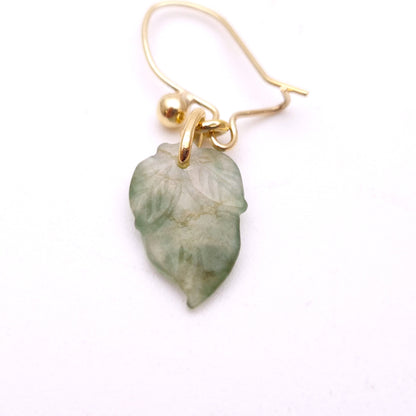 9ct Yellow Gold Carved Leaf Shape Jade Drop Earrings