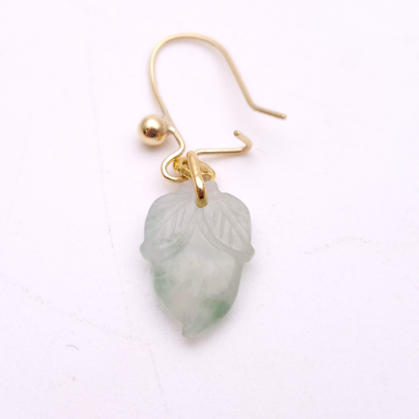 9ct Yellow Gold Carved Leaf Shape Jade Drop Earrings