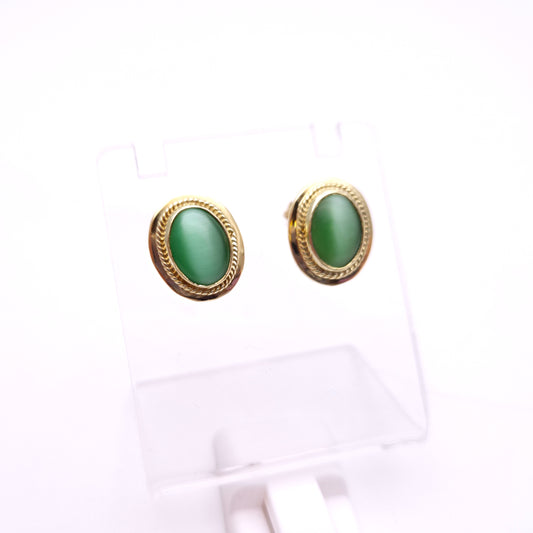 14ct Yellow Gold Green Agate Cats Eye Stud Earrings