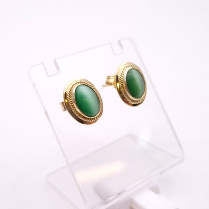 14ct Yellow Gold Green Agate Cats Eye Stud Earrings