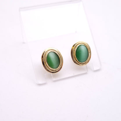 14ct Yellow Gold Green Agate Cats Eye Stud Earrings
