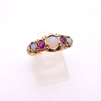 9ct Yellow Gold Vintage Opal and Ruby Five Stone Repro Row Ring