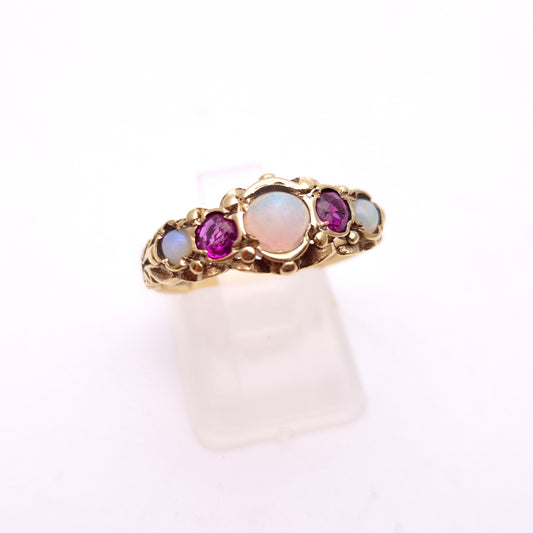 9ct Yellow Gold Vintage Opal and Ruby Five Stone Repro Row Ring