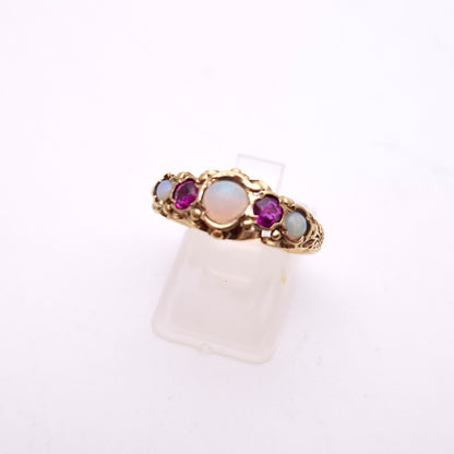9ct Yellow Gold Vintage Opal and Ruby Five Stone Repro Row Ring