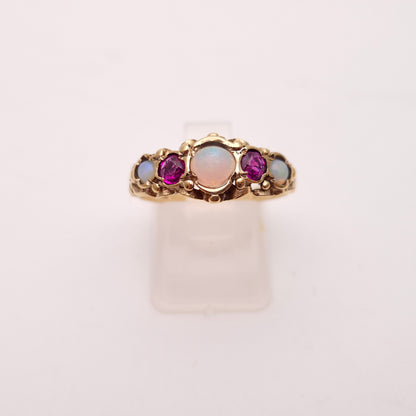 9ct Yellow Gold Vintage Opal and Ruby Five Stone Repro Row Ring