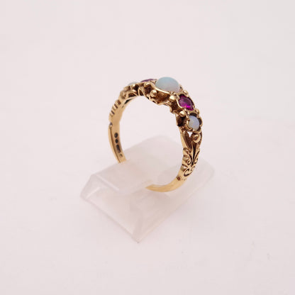 9ct Yellow Gold Vintage Opal and Ruby Five Stone Repro Row Ring