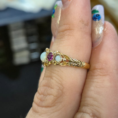 9ct Yellow Gold Vintage Opal and Ruby Five Stone Repro Row Ring