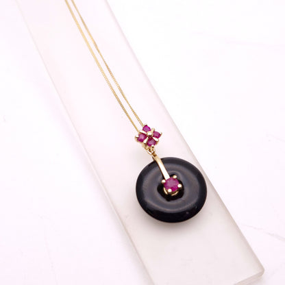 9ct Yellow Gold Ruby and Onyx Ring / Donut Pendant and Chain Necklace