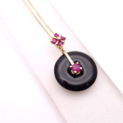 9ct Yellow Gold Ruby and Onyx Ring / Donut Pendant and Chain Necklace