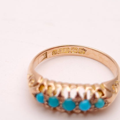 9ct Rose Gold Antique 5 Stone Turquoise Row Ring