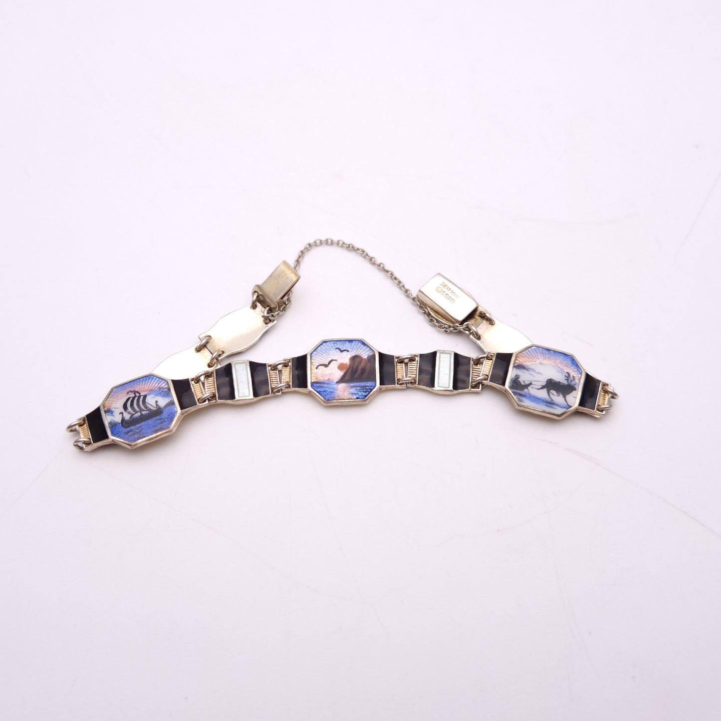 Sterling Silver Norwegian Enamel Scene Panel Bracelet by Bernard Meldahl