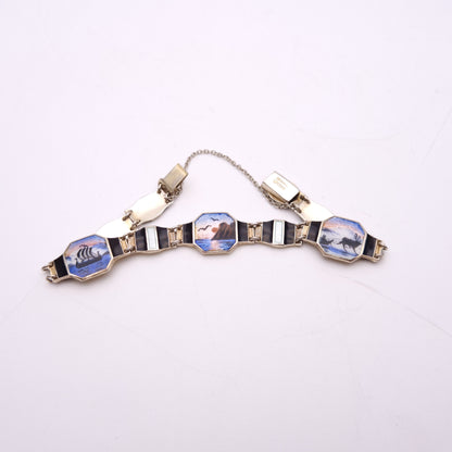 Sterling Silver Norwegian Enamel Scene Panel Bracelet by Bernard Meldahl
