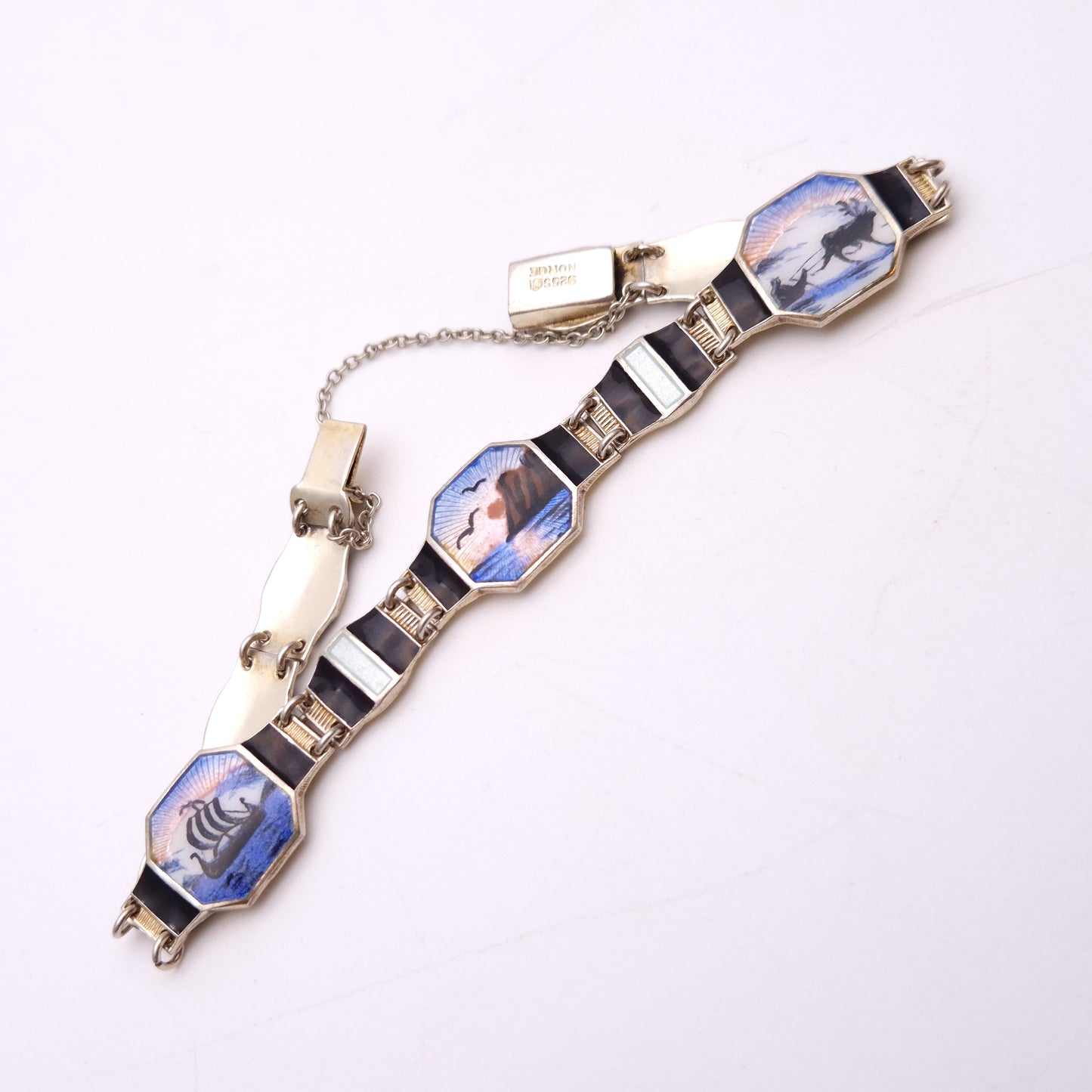 Sterling Silver Norwegian Enamel Scene Panel Bracelet by Bernard Meldahl