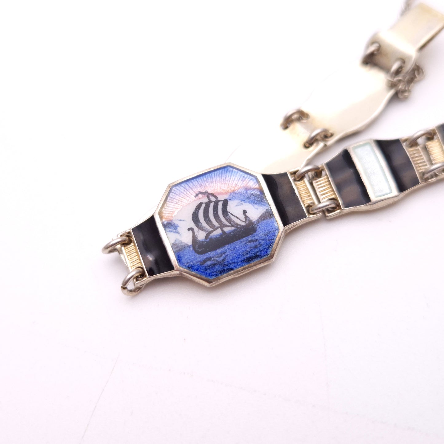 Sterling Silver Norwegian Enamel Scene Panel Bracelet by Bernard Meldahl