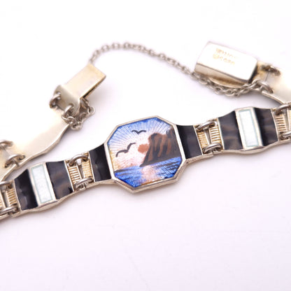 Sterling Silver Norwegian Enamel Scene Panel Bracelet by Bernard Meldahl
