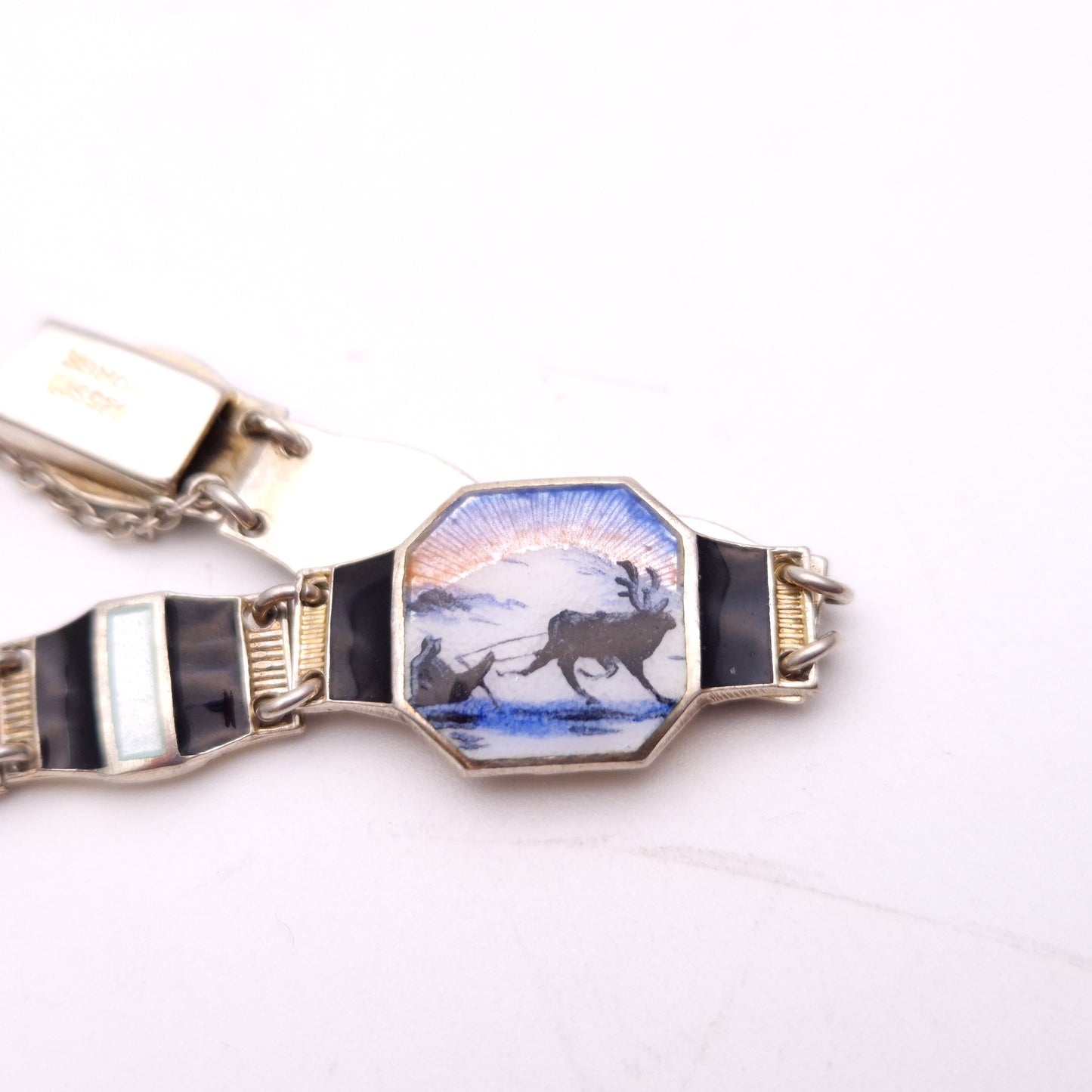Sterling Silver Norwegian Enamel Scene Panel Bracelet by Bernard Meldahl