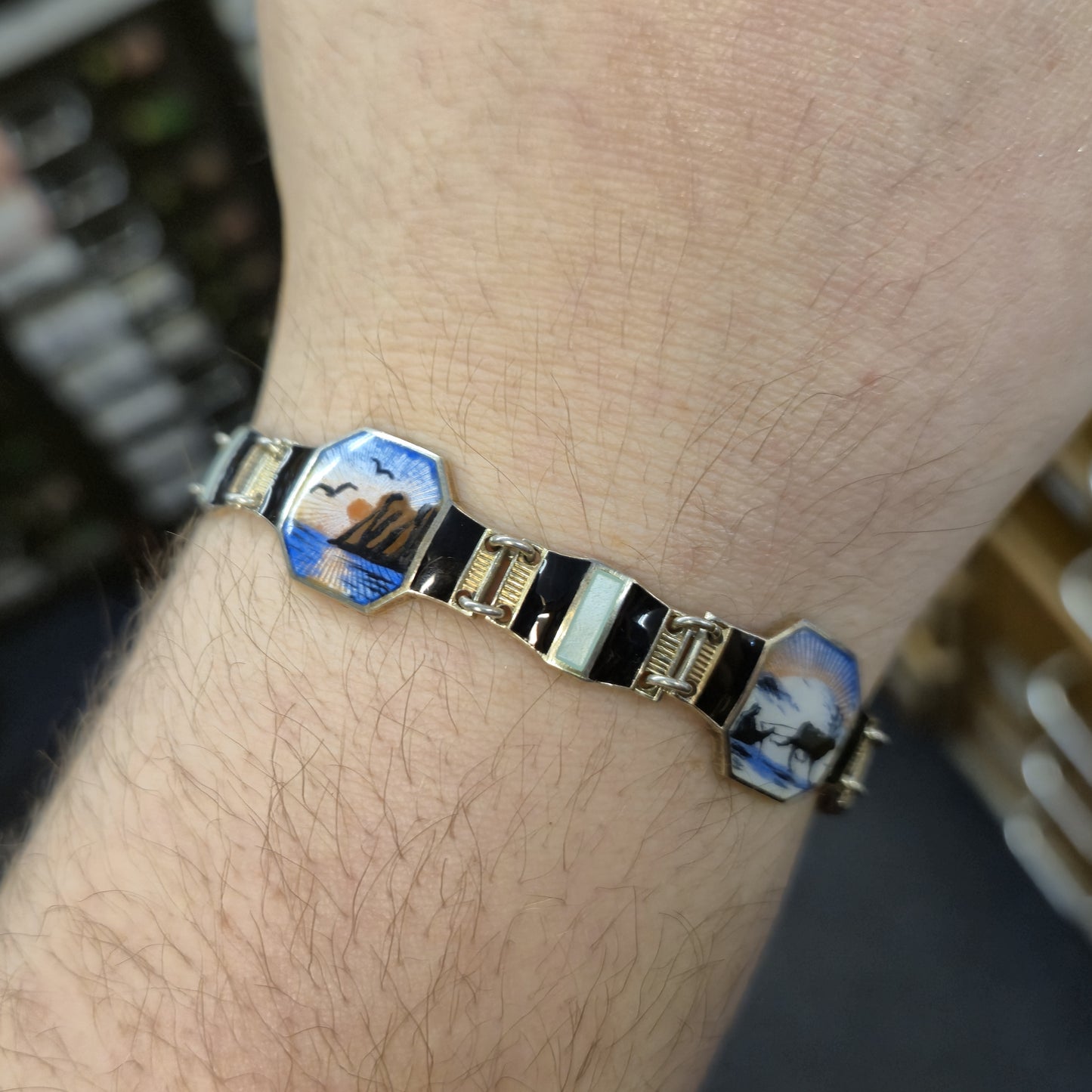Sterling Silver Norwegian Enamel Scene Panel Bracelet by Bernard Meldahl