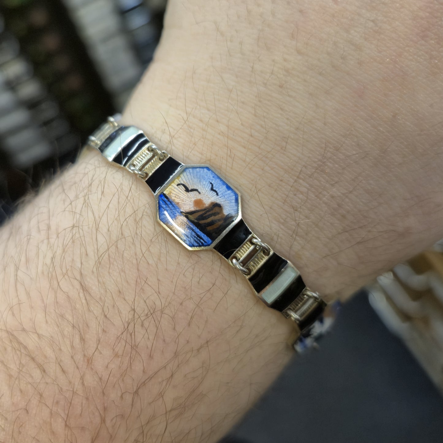 Sterling Silver Norwegian Enamel Scene Panel Bracelet by Bernard Meldahl