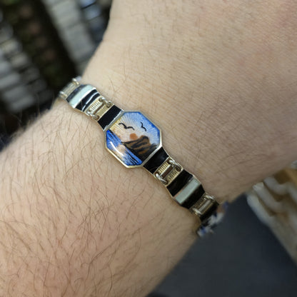 Sterling Silver Norwegian Enamel Scene Panel Bracelet by Bernard Meldahl