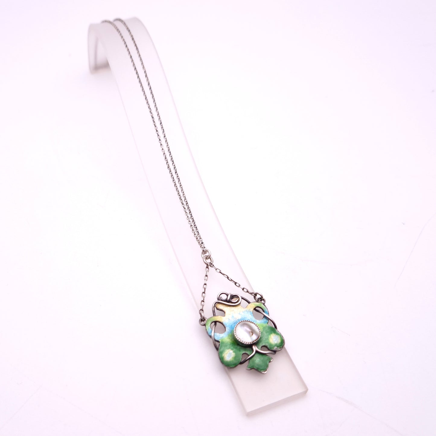 Sterling Silver Art Nouveau Blue / Green / Yellow Enamel and Pearl Necklace