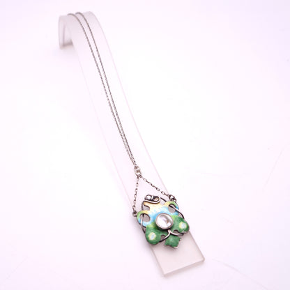 Sterling Silver Art Nouveau Blue / Green / Yellow Enamel and Pearl Necklace