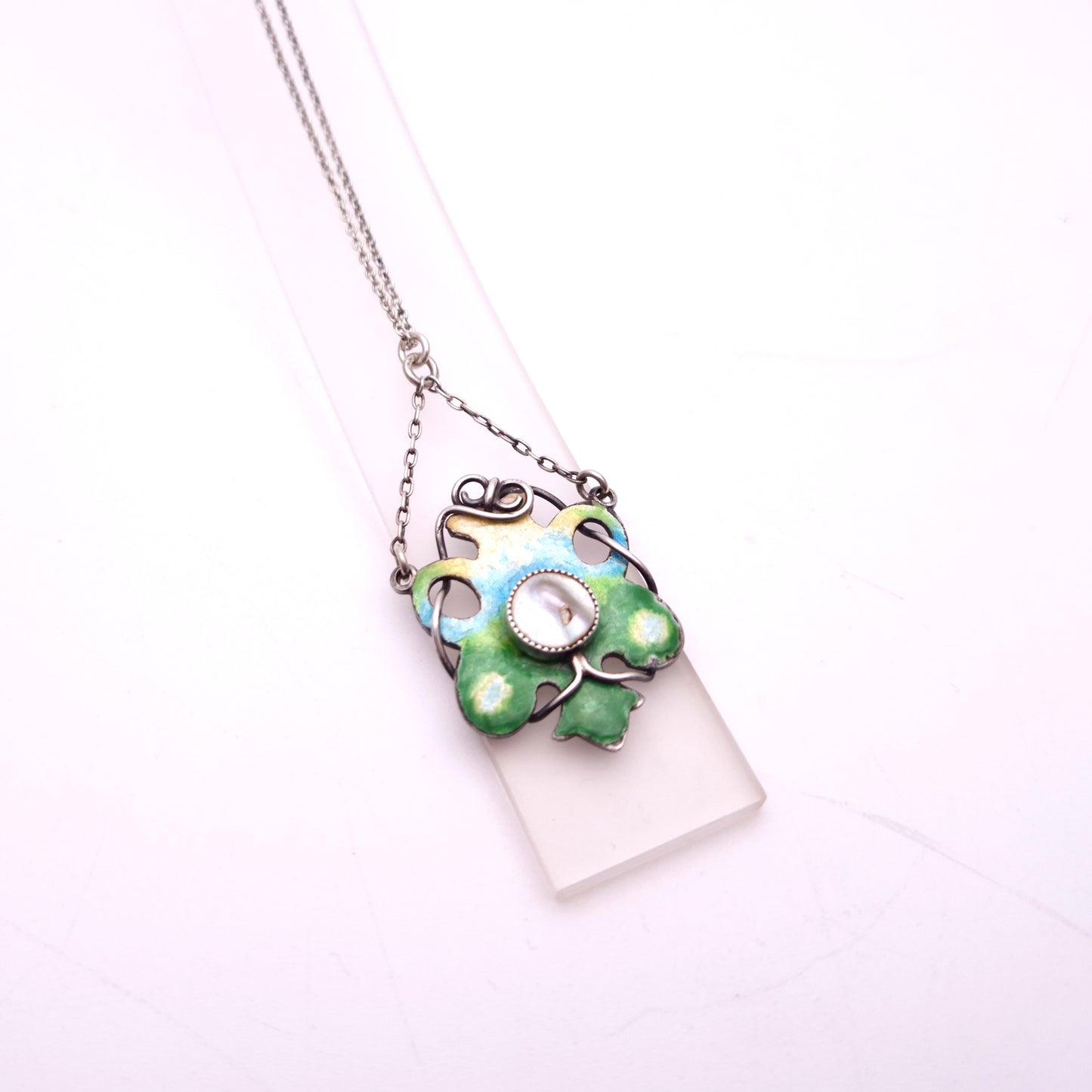 Sterling Silver Art Nouveau Blue / Green / Yellow Enamel and Pearl Necklace