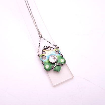 Sterling Silver Art Nouveau Blue / Green / Yellow Enamel and Pearl Necklace