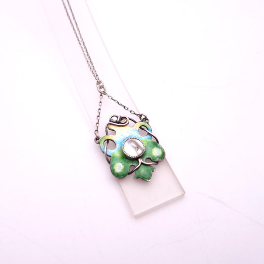 Sterling Silver Art Nouveau Blue / Green / Yellow Enamel and Pearl Necklace