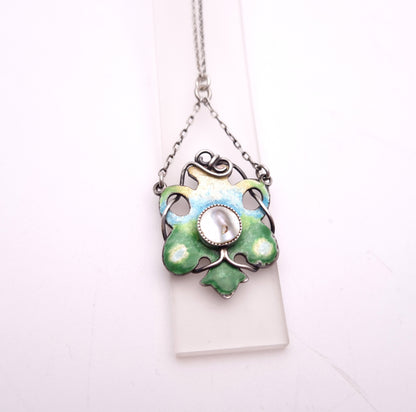 Sterling Silver Art Nouveau Blue / Green / Yellow Enamel and Pearl Necklace