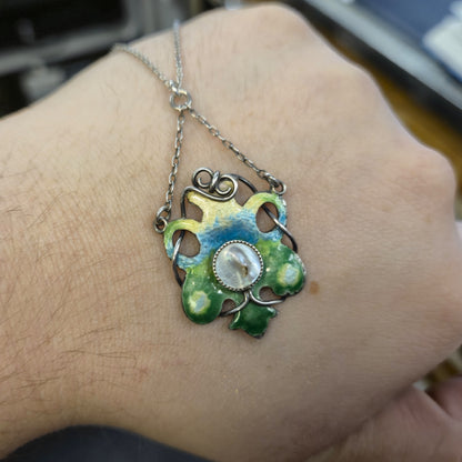 Sterling Silver Art Nouveau Blue / Green / Yellow Enamel and Pearl Necklace