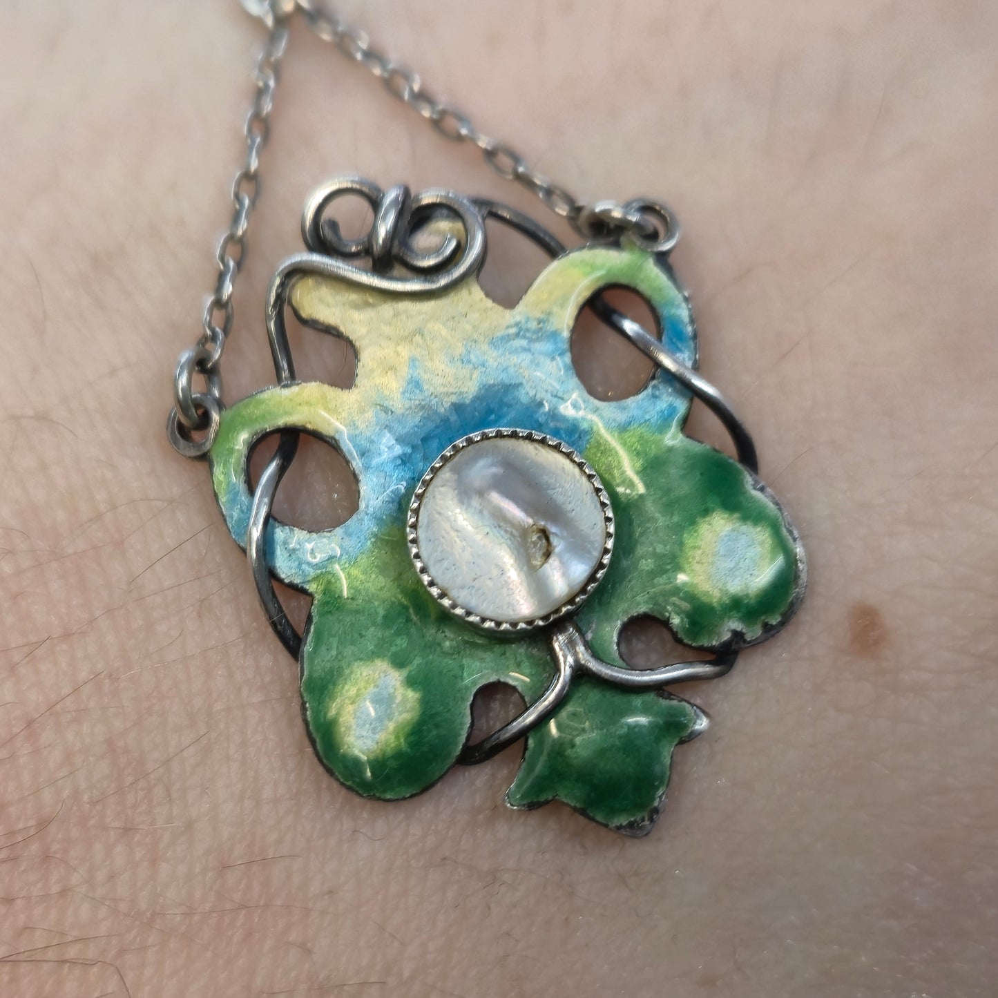 Sterling Silver Art Nouveau Blue / Green / Yellow Enamel and Pearl Necklace